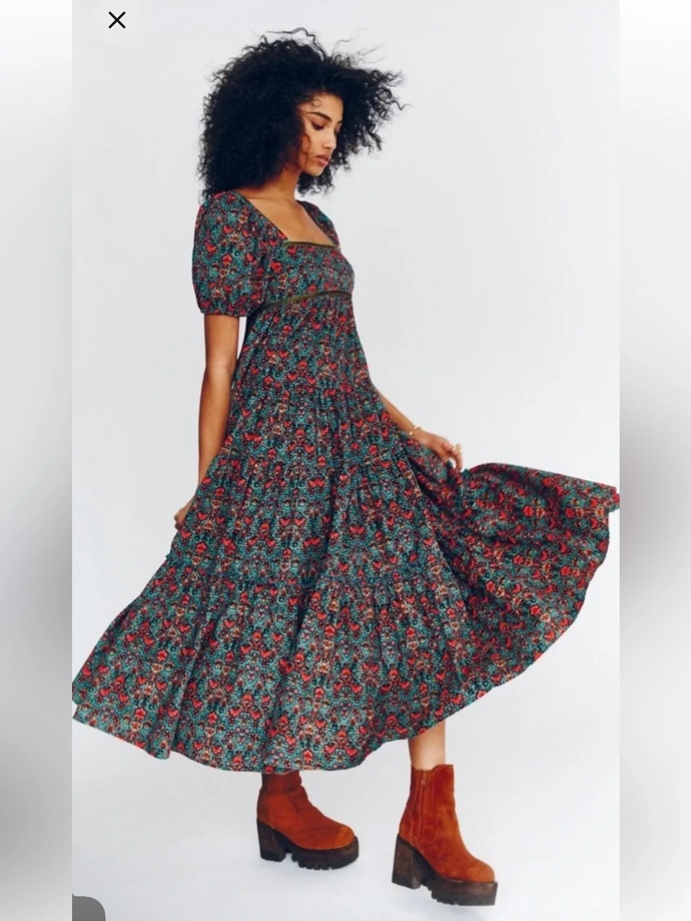 Free People Ashley Babydoll Tiered Maxi Dress Size Small Floral Velvet Ribbon